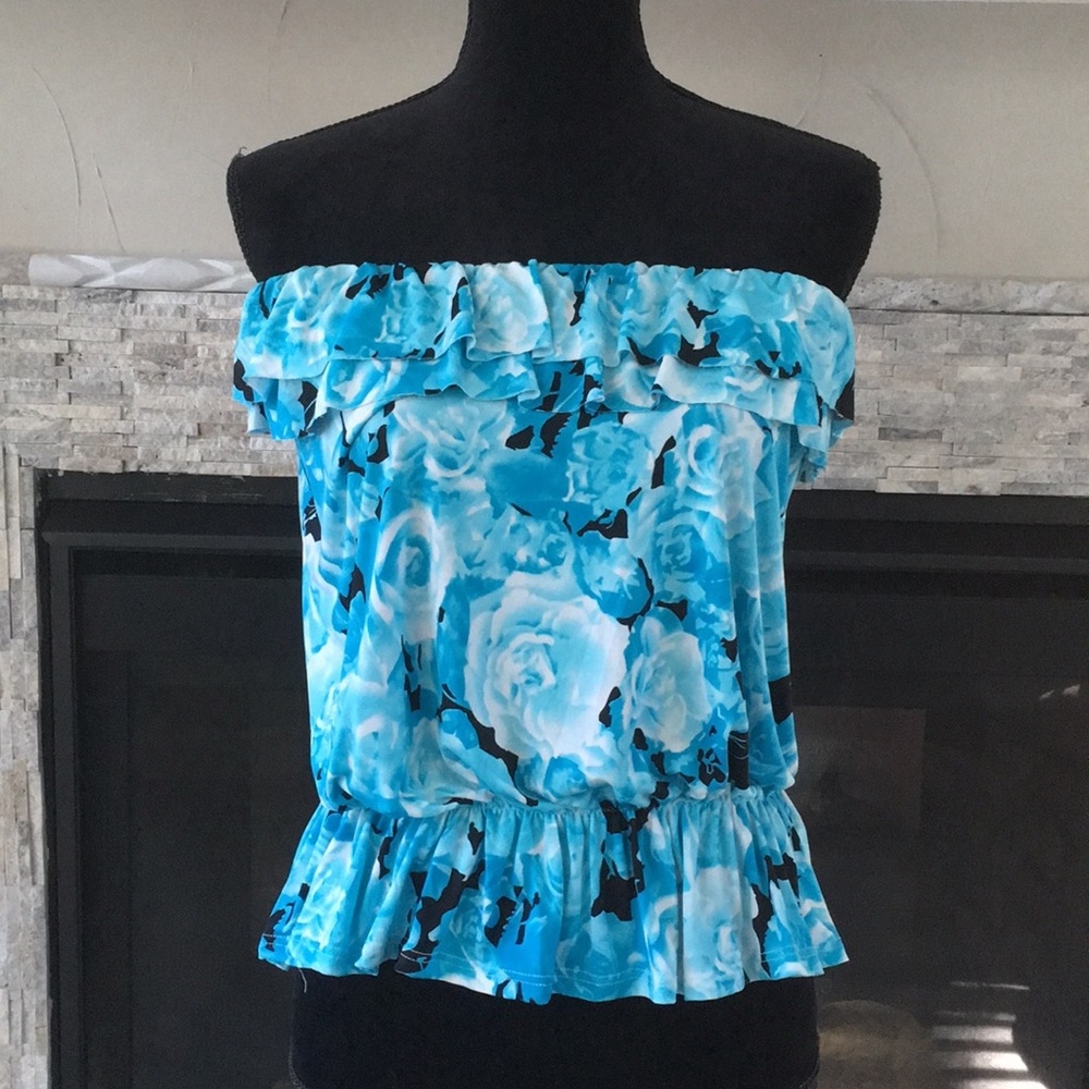 Blue black white floral strapless top